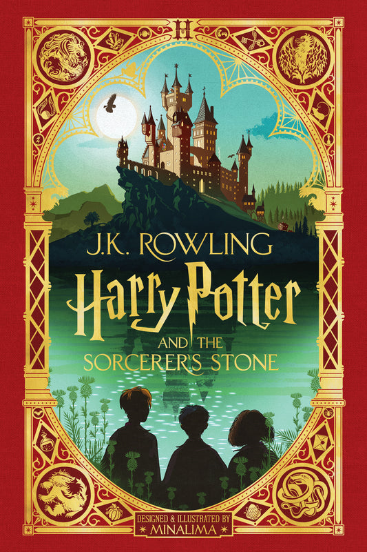 J.K. Rowling Harry Potter and the Sorcerer's Stone MinaLima illustrated edition book cover with ornate gold and red border, castle on hilltop, and three childre