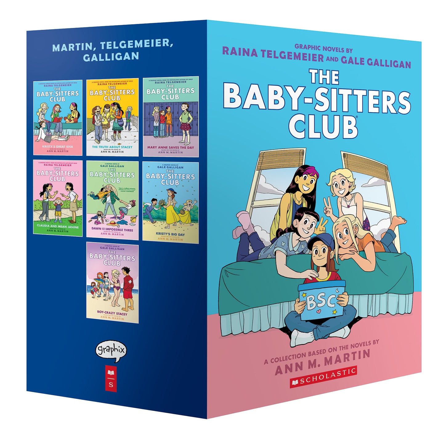 Baby-Sitters Club Graphix box set showing seven graphic novel volumes on the left side and illustrated characters on the right, published by Scholastic