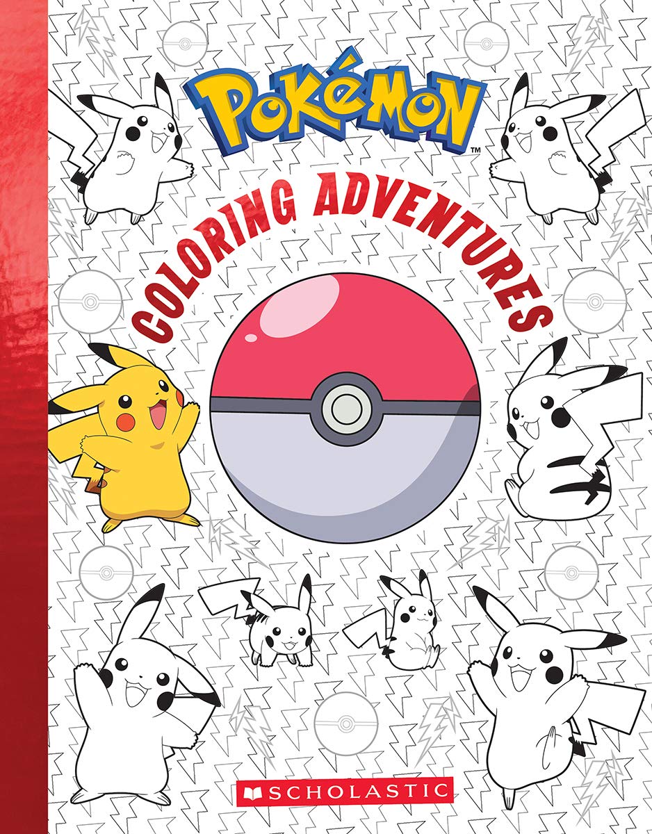 Pokémon Coloring Adventures book cover featuring Pikachu characters, a red and white Poké Ball, lightning bolt pattern background, and Scholastic branding