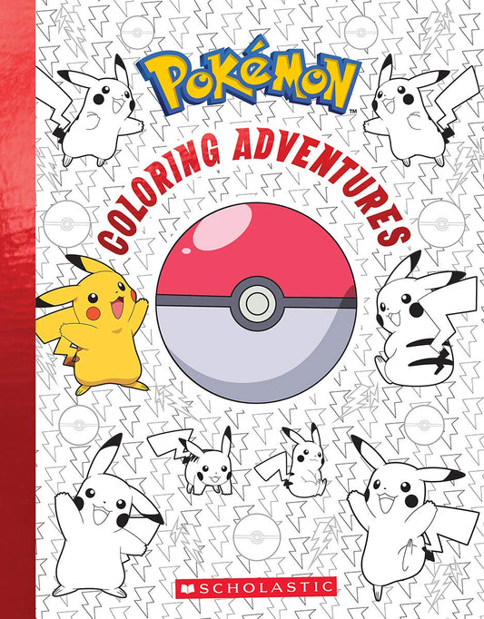 Pokémon Coloring Adventures book cover featuring Pikachu characters, a red and white Poké Ball, lightning bolt pattern background, and Scholastic branding