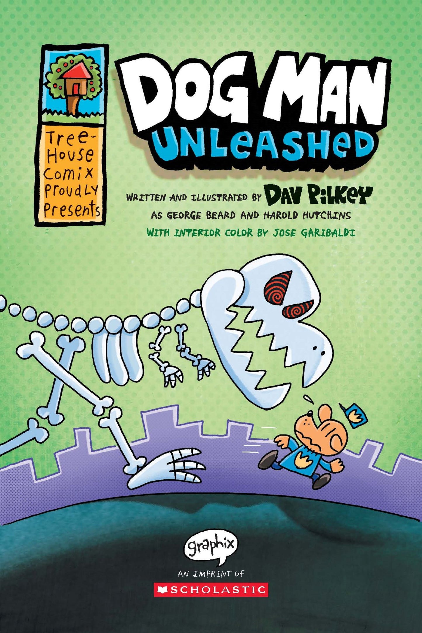 Dog Man Unleashed book cover featuring cartoon skeleton character chasing a small orange character, published by Scholastic Graphix