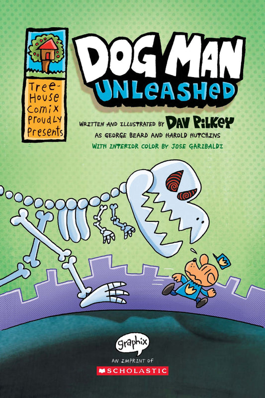 Dog Man Unleashed book cover featuring cartoon skeleton character chasing a small orange character, published by Scholastic Graphix