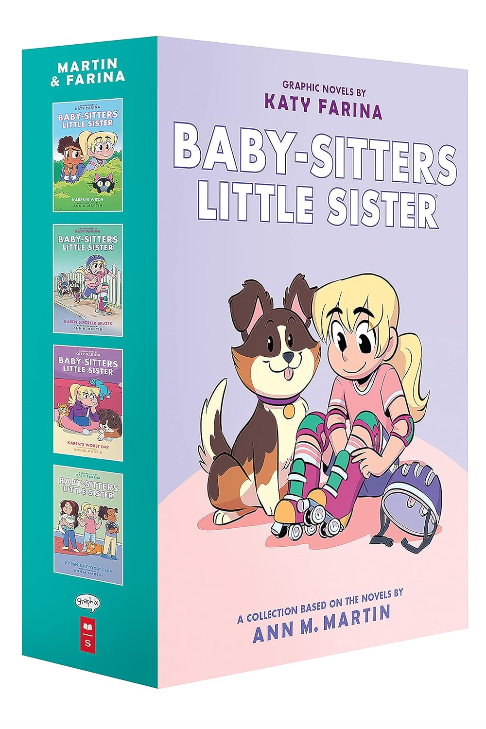 Baby-Sitters Little Sister Graphic Novels 1-4 Box Set featuring illustrated girl with blonde hair in roller skates and brown dog, with four book covers shown on