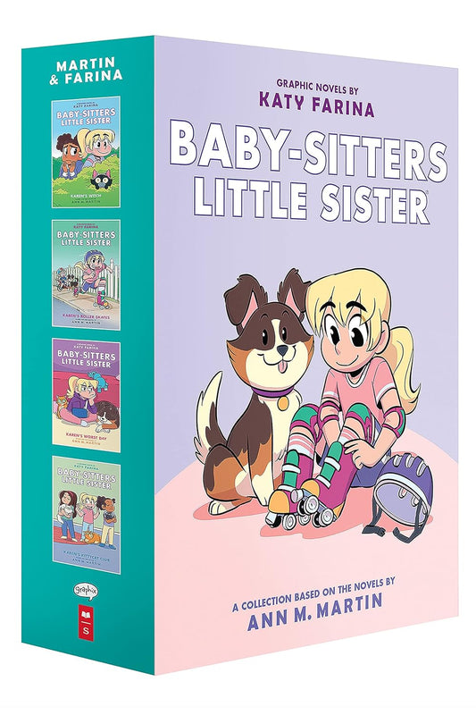Baby-Sitters Little Sister Graphic Novels 1-4 Box Set featuring illustrated girl with blonde hair in roller skates and brown dog, with four book covers shown on