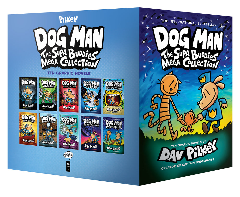 Dog Man: The Supa Buddies Mega Collection boxed set containing ten graphic novels by Dav Pilkey, with illustrated dog and cat characters on colorful gradient ba