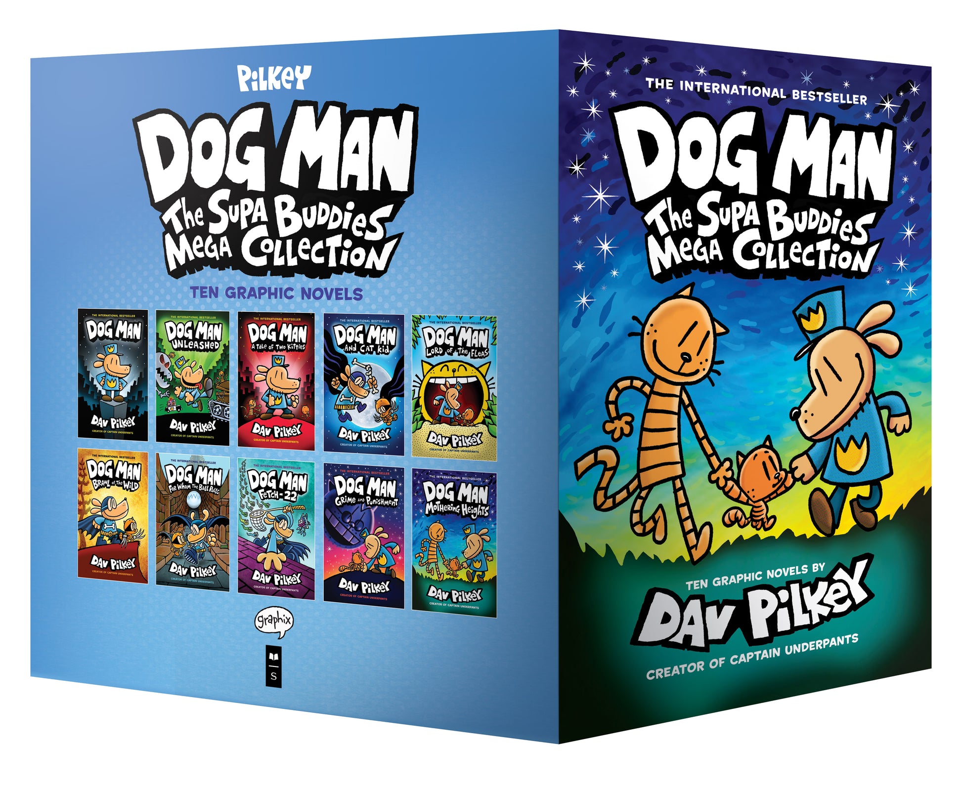Dog Man: The Supa Buddies Mega Collection boxed set containing ten graphic novels by Dav Pilkey, with illustrated dog and cat characters on colorful gradient ba