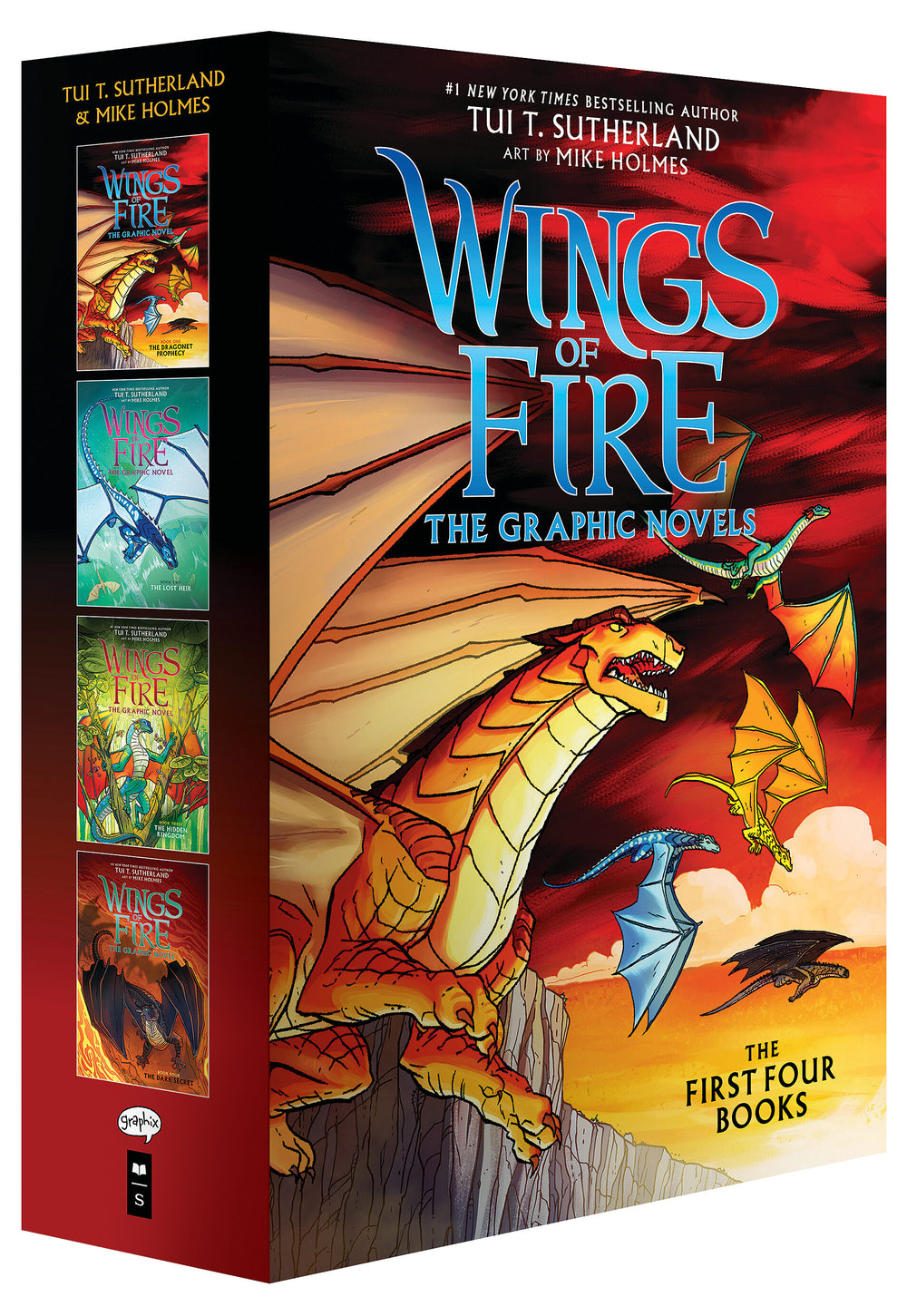 Wings of Fire graphic novel box set featuring four book covers and illustrated dragons in flight against a red and orange sky backdrop