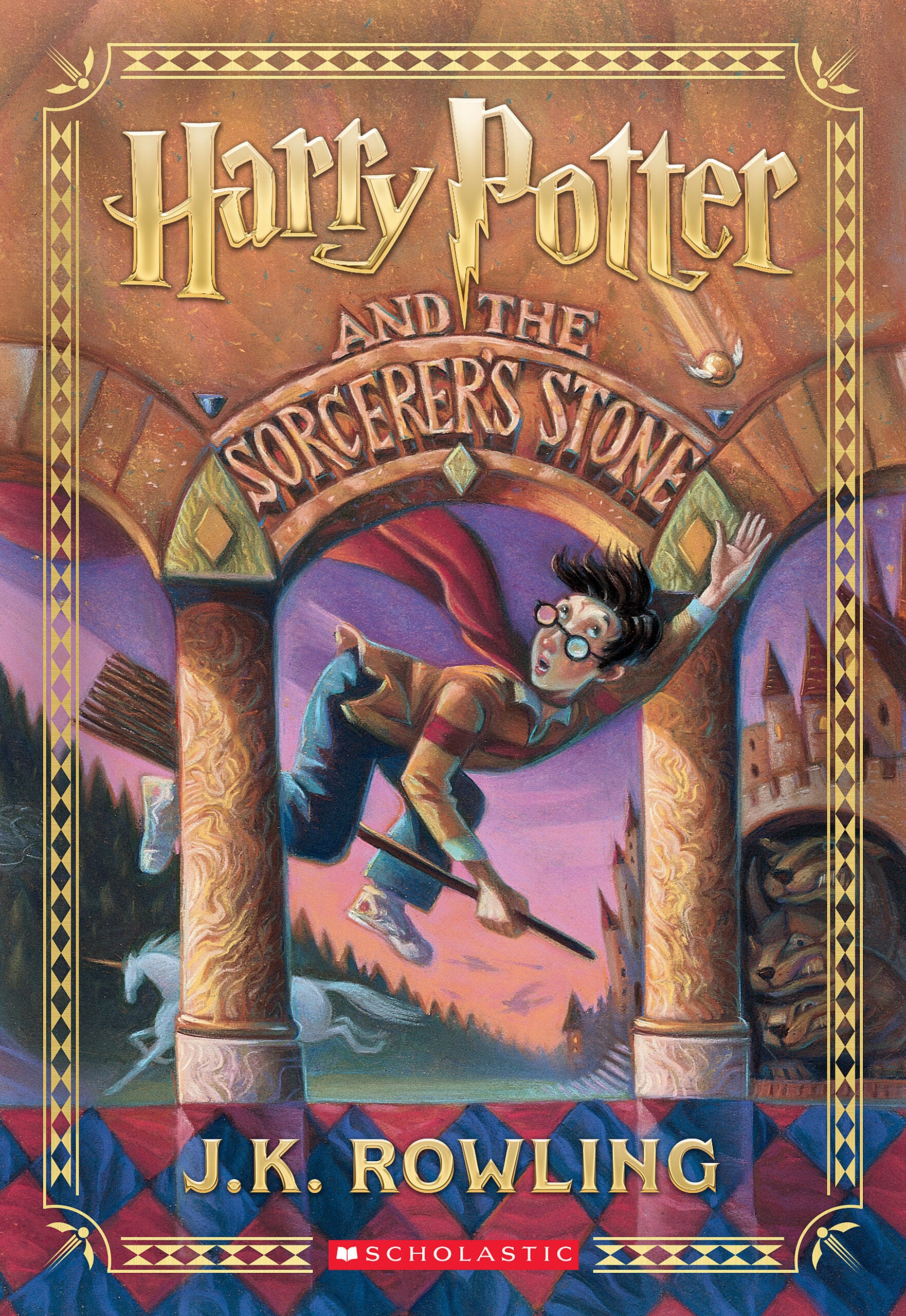 Harry Potter and the Sorcerer's Stone book cover featuring illustrated young wizard with broomstick flying through ornate archway against purple and orange sky