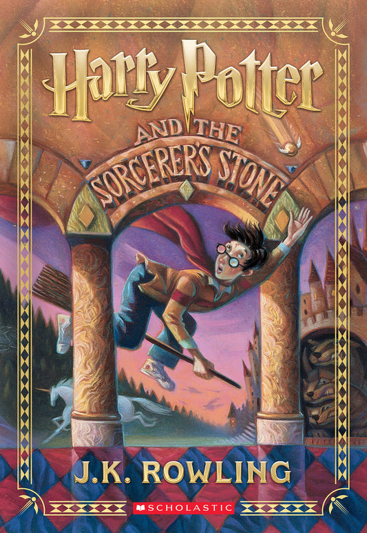 Harry Potter and the Sorcerer's Stone book cover featuring illustrated young wizard with broomstick flying through ornate archway against purple and orange sky