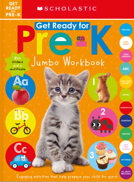 Scholastic Get Ready for Pre-K Jumbo Workbook cover featuring a kitten, alphabet letters, and learning activity icons on orange background