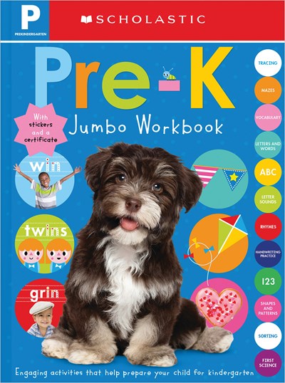 Scholastic PreK Jumbo Workbook cover featuring a brown and white dog surrounded by colorful learning icons including letters, numbers, shapes, and activities fo