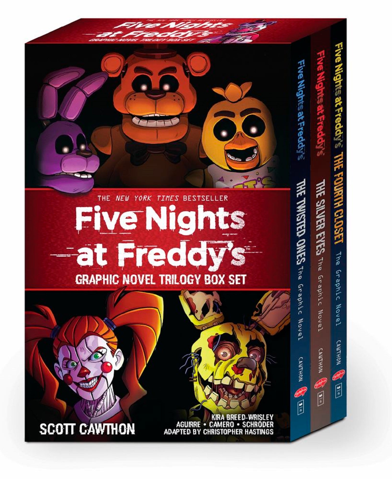 Five Nights at Freddy's Graphic Novel Trilogy Box Set featuring three books with illustrated animatronic characters in purple, orange, yellow, and red on black