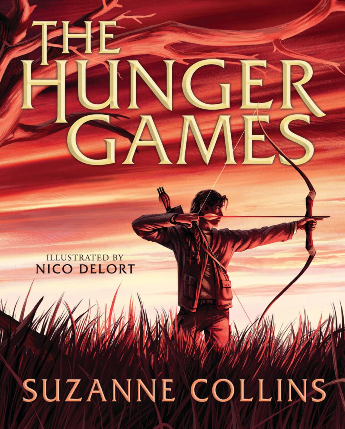 The Hunger Games Illustrated Edition book cover featuring a young archer in red clothing drawing a bow against a dramatic red and orange sky with grass below