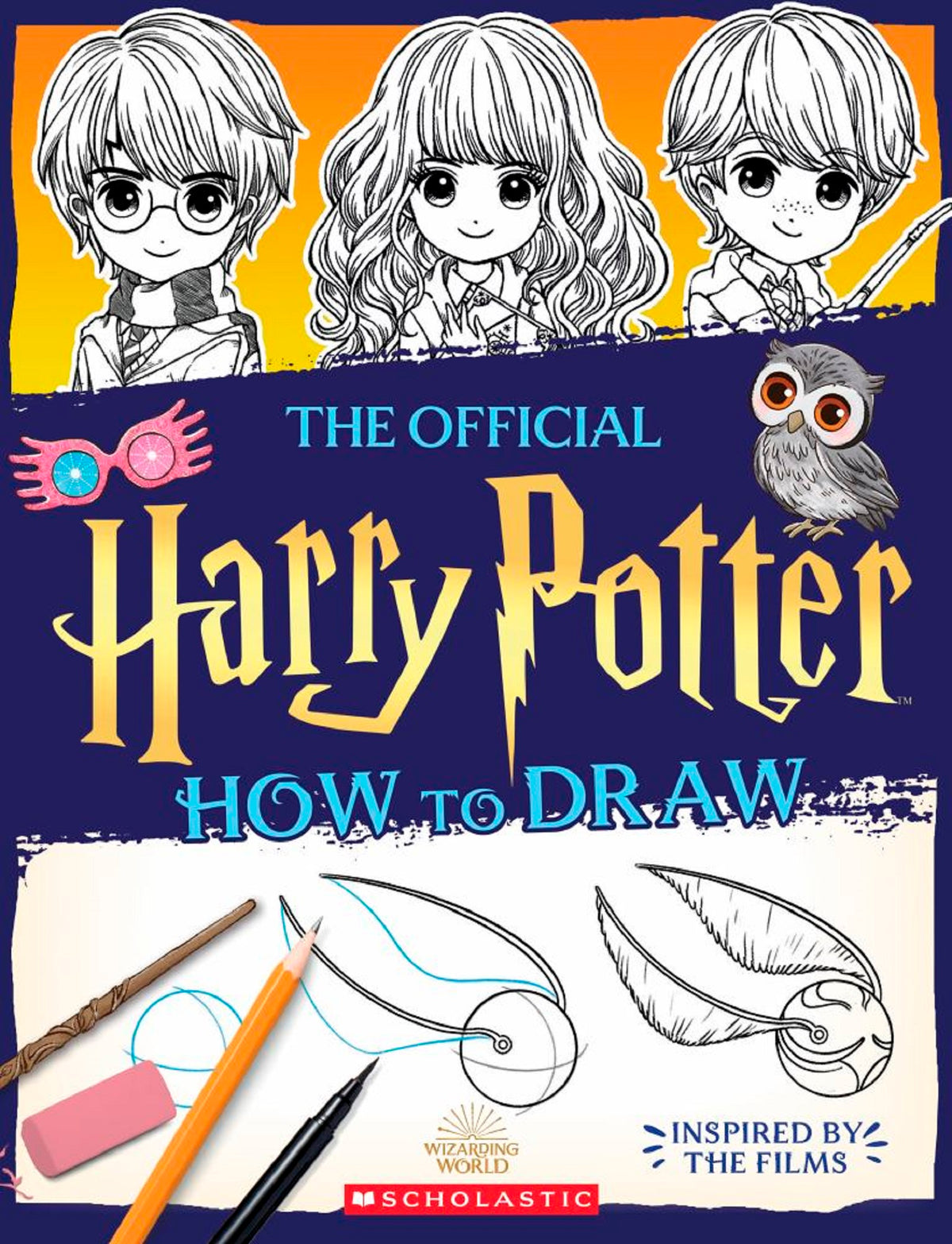 The Official Harry Potter How to Draw book cover featuring three anime-style characters, magical glasses icon, owl, wand, pencils, and step-by-step eye drawing