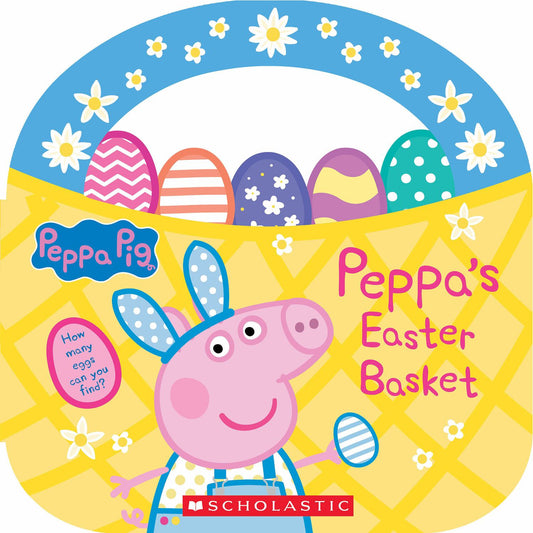 Peppa Pig Peppa's Easter Basket Storybook with Handle book cover featuring Peppa character with blue bunny ears, colorful decorated Easter eggs, and yellow diam