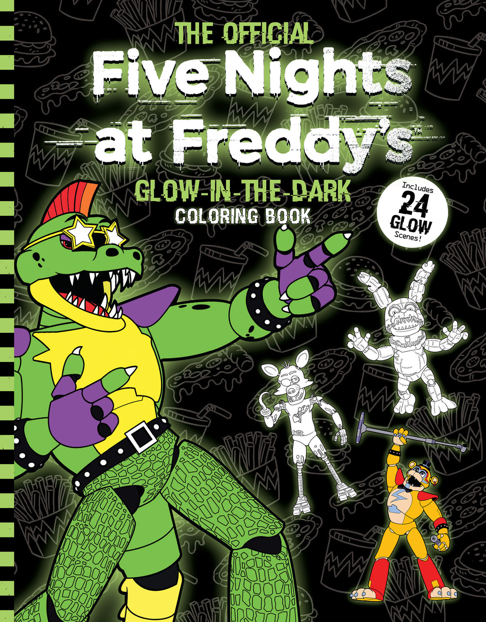 THE OFFICIAL Five Nights at Freddy's GLOW-IN-THE-DARK COLORING BOOK includes 24 GLOW scenes! Cover featuring green animatronic character with yellow chest and p