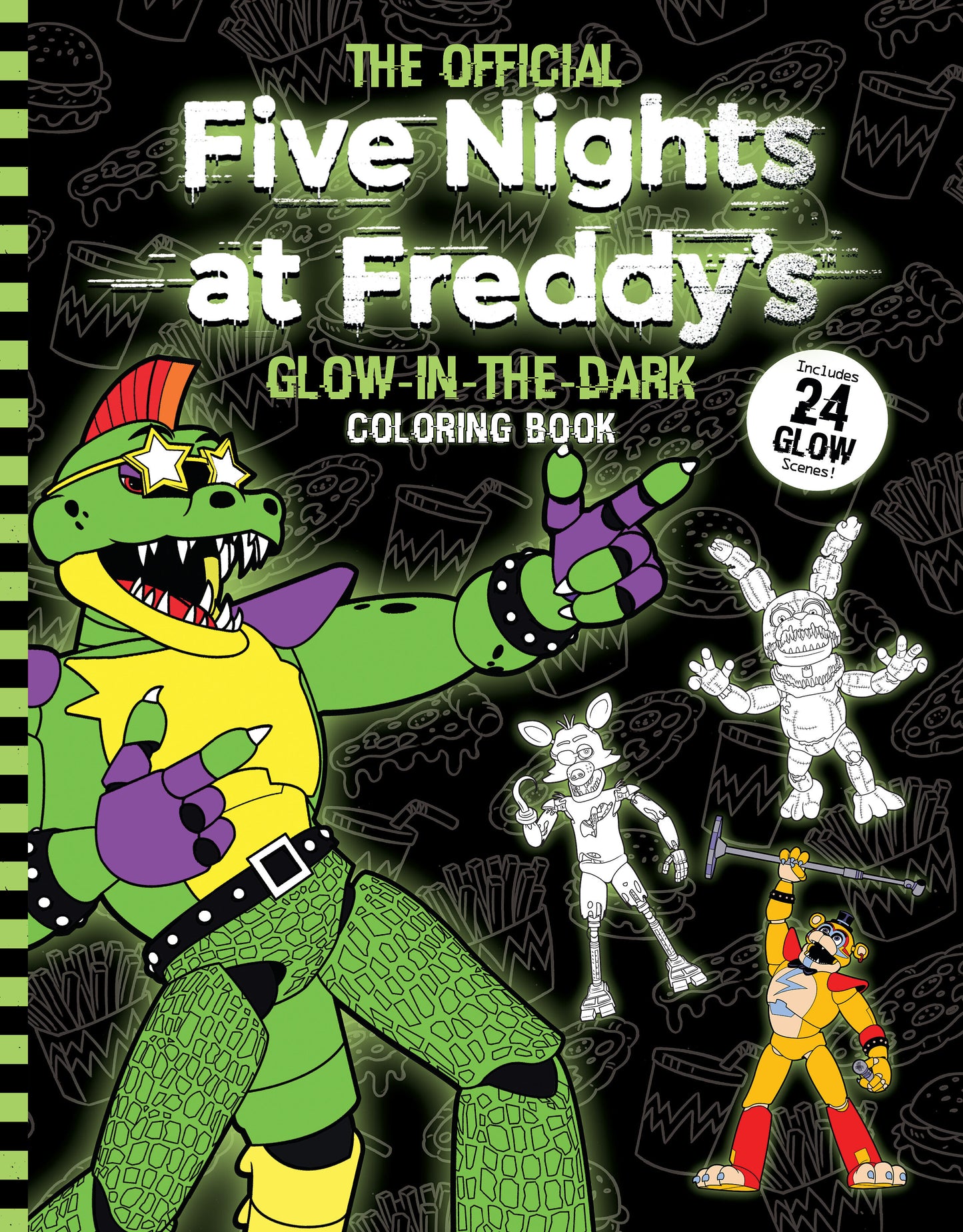 THE OFFICIAL Five Nights at Freddy's GLOW-IN-THE-DARK COLORING BOOK includes 24 GLOW scenes! Cover featuring green animatronic character with yellow chest and p