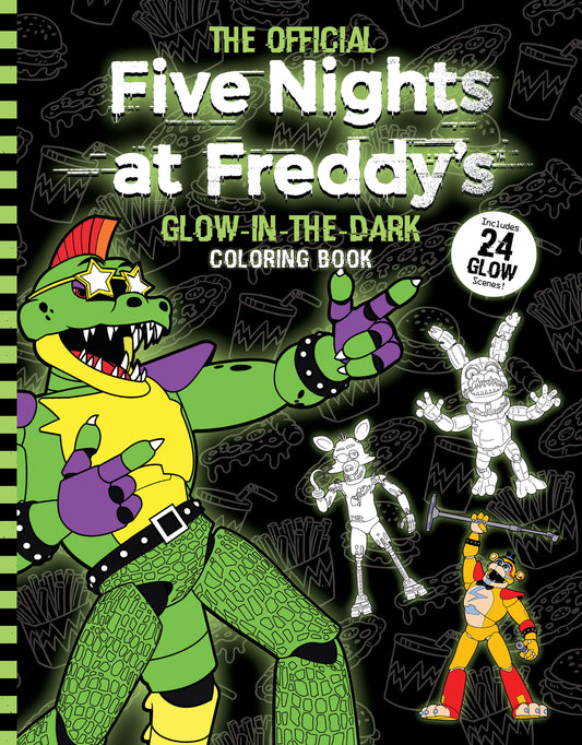 THE OFFICIAL Five Nights at Freddy's GLOW-IN-THE-DARK COLORING BOOK includes 24 GLOW scenes! Cover featuring green animatronic character with yellow chest and p