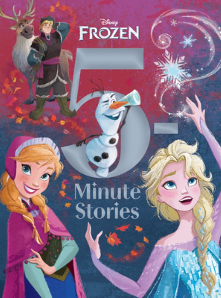 Frozen 5-Minute Magical Tales Padded Storybook cover featuring Anna, Elsa, Olaf, Kristoff, and Sven on a magenta and blue background with snowflake designs