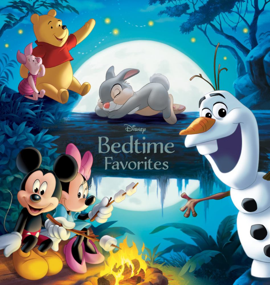 Disney Bedtime Favorites Storybook Collection cover featuring Winnie the Pooh, Piglet, Bugs Bunny, Mickey Mouse, Minnie Mouse, Olaf, and a moonlit forest scene
