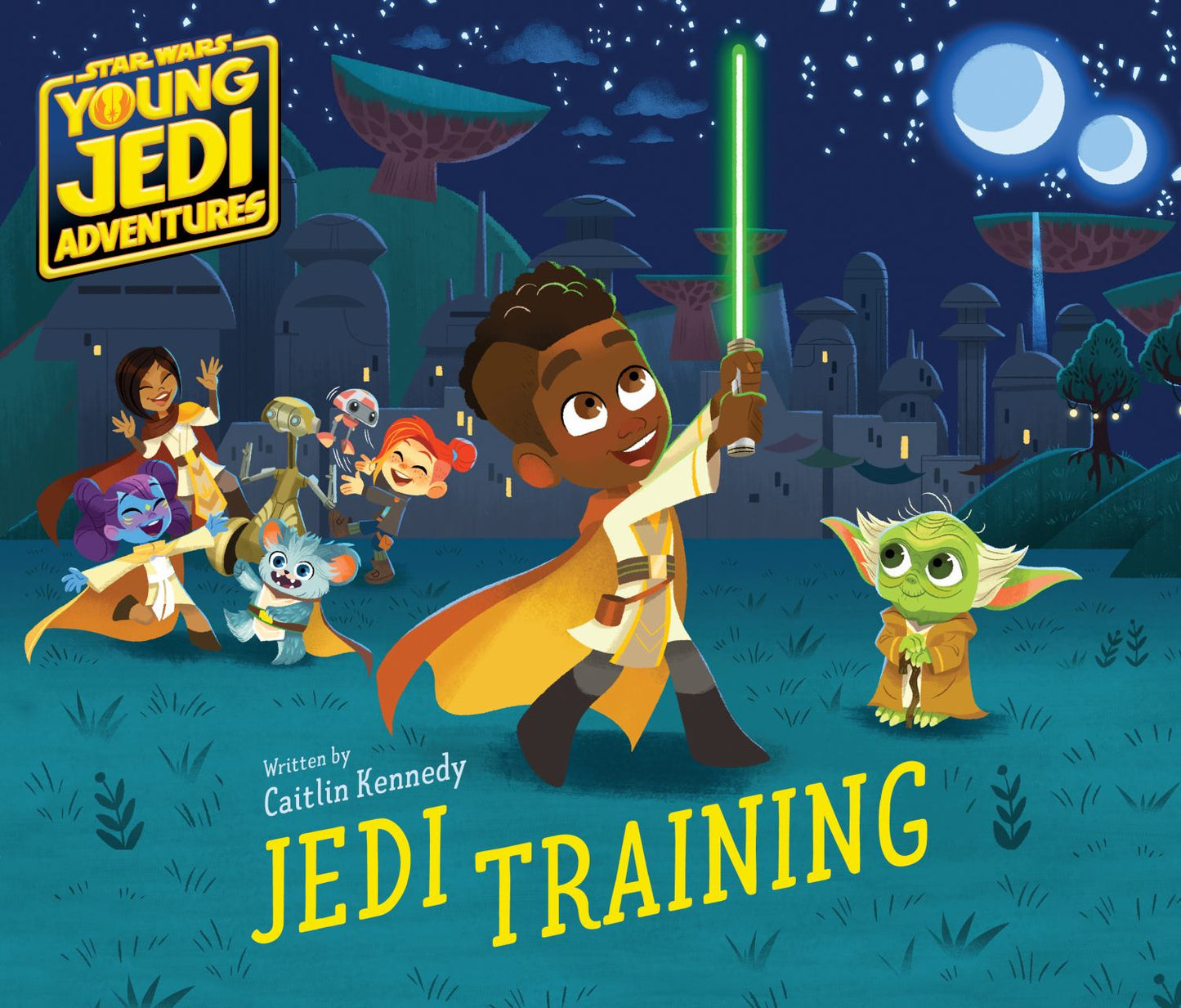 Star Wars Young Jedi Adventures book cover featuring animated characters with lightsabers in a nighttime alien landscape with moons and futuristic buildings