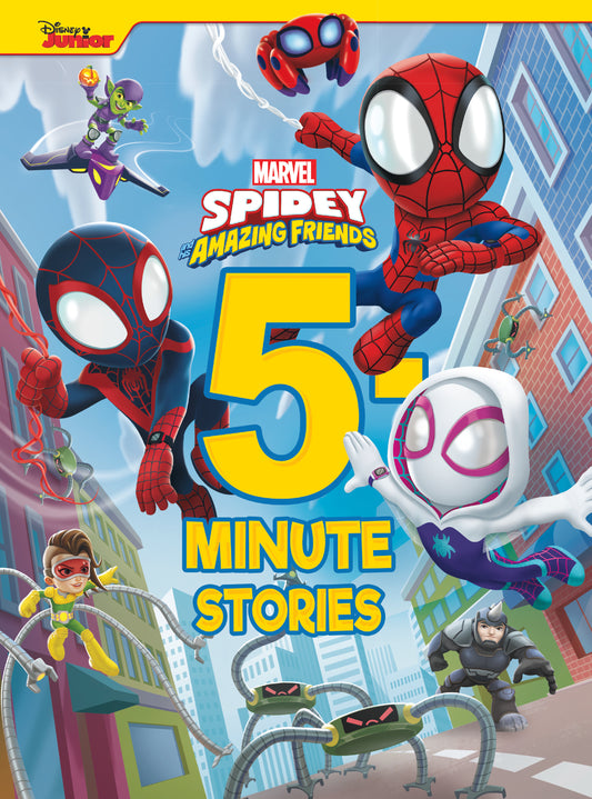 Marvel Spidey and His Amazing Friends 5-Minute Stories book cover featuring Spider-Man and multiple characters in a city setting