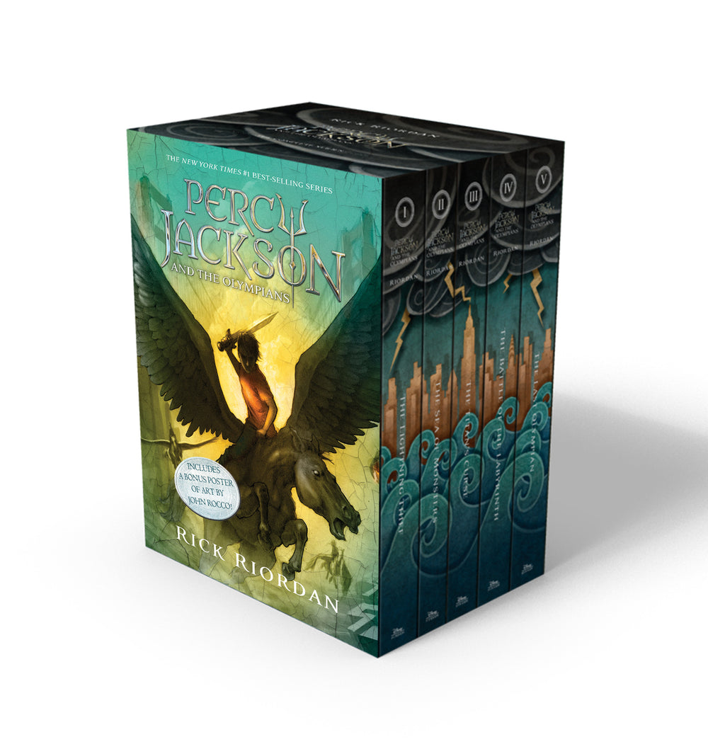 Percy Jackson and the Olympians 5-book paperback box set by Rick Riordan, featuring winged pegasus on turquoise and yellow cover with individual book spines vis