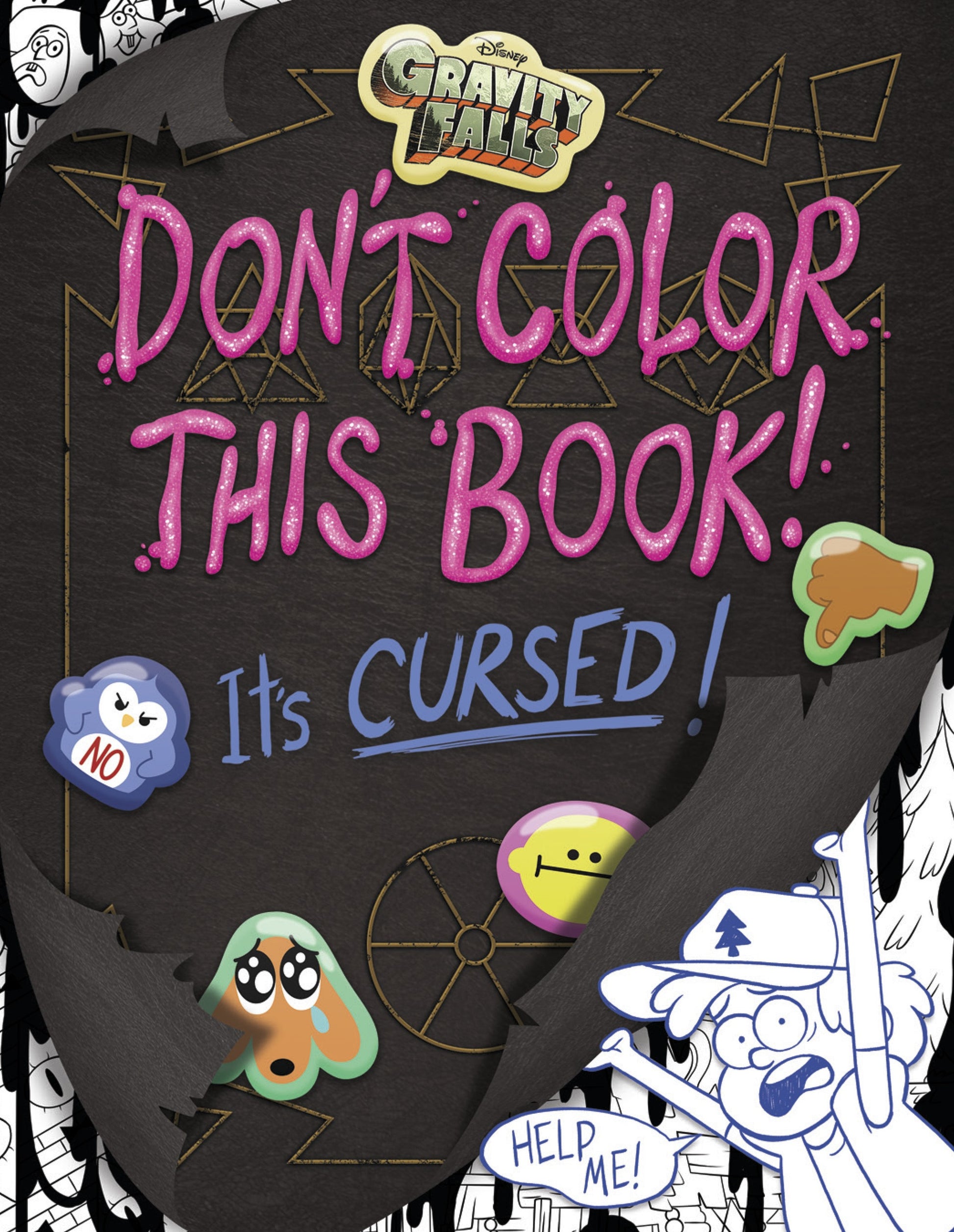 Gravity Falls: Don't Color This Book - It's Cursed! coloring book cover with pink glittery text, cartoon characters, and mystical symbols on dark background