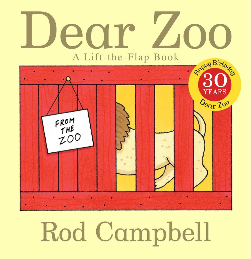 Dear Zoo A Lift-the-Flap Book by Rod Campbell, Happy Birthday 30 Years, illustrated cover with red cage and animals peeking through