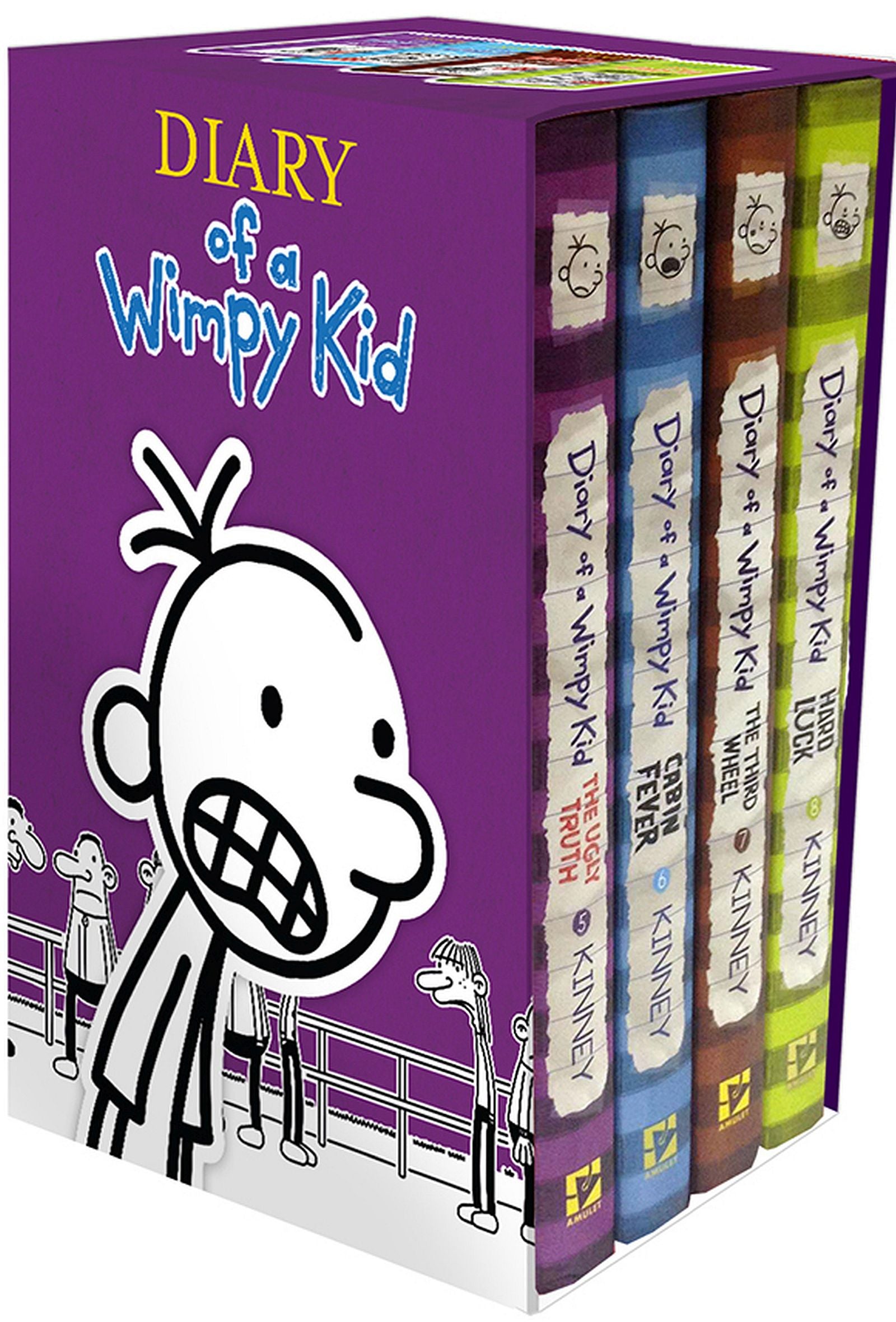 Diary of a Wimpy Kid Box Set containing four hardcover books with spines in purple, blue, brown, and green featuring the character Greg Heffley's cartoon face o