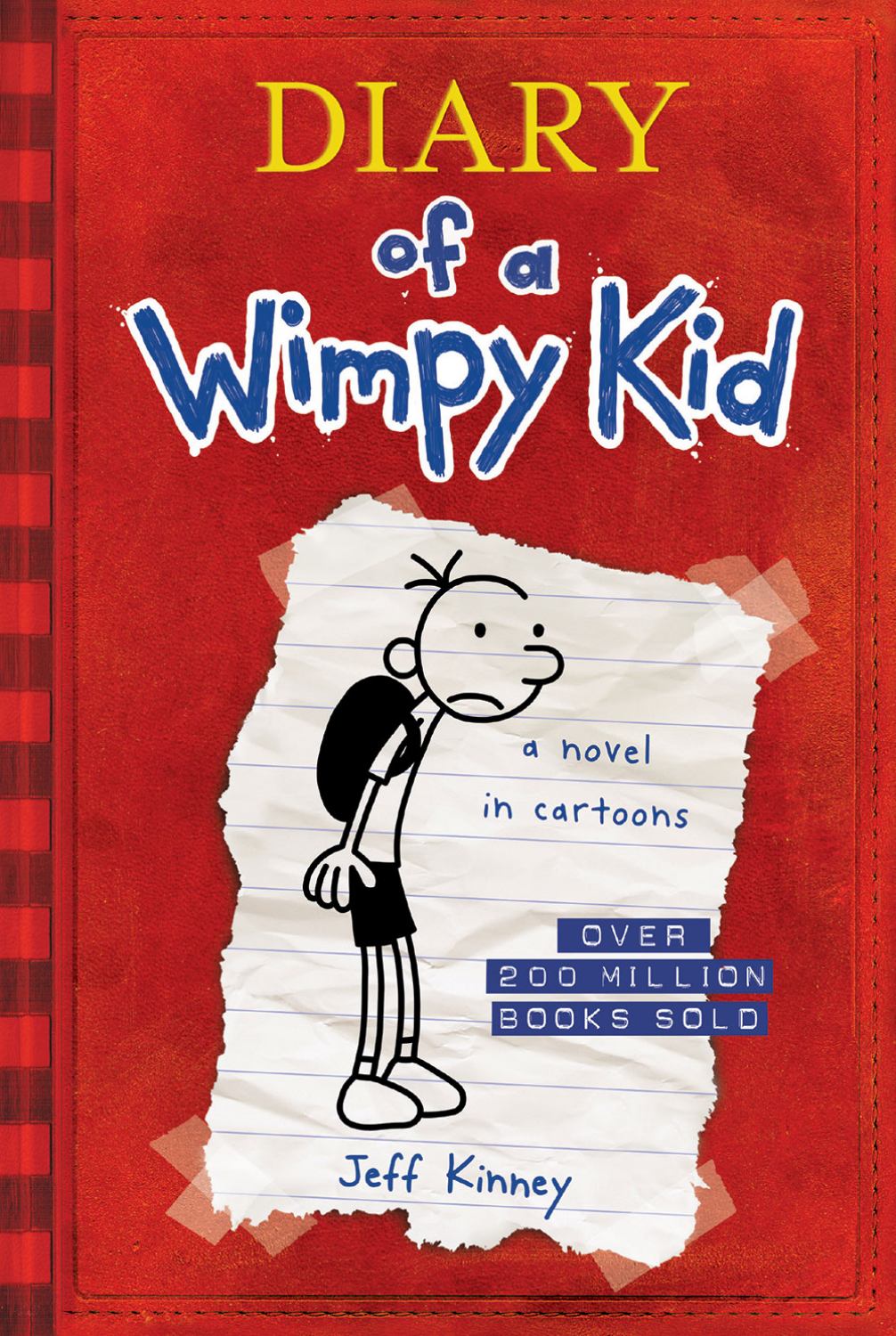 Diary of a Wimpy Kid book cover with red background and cartoon character illustration