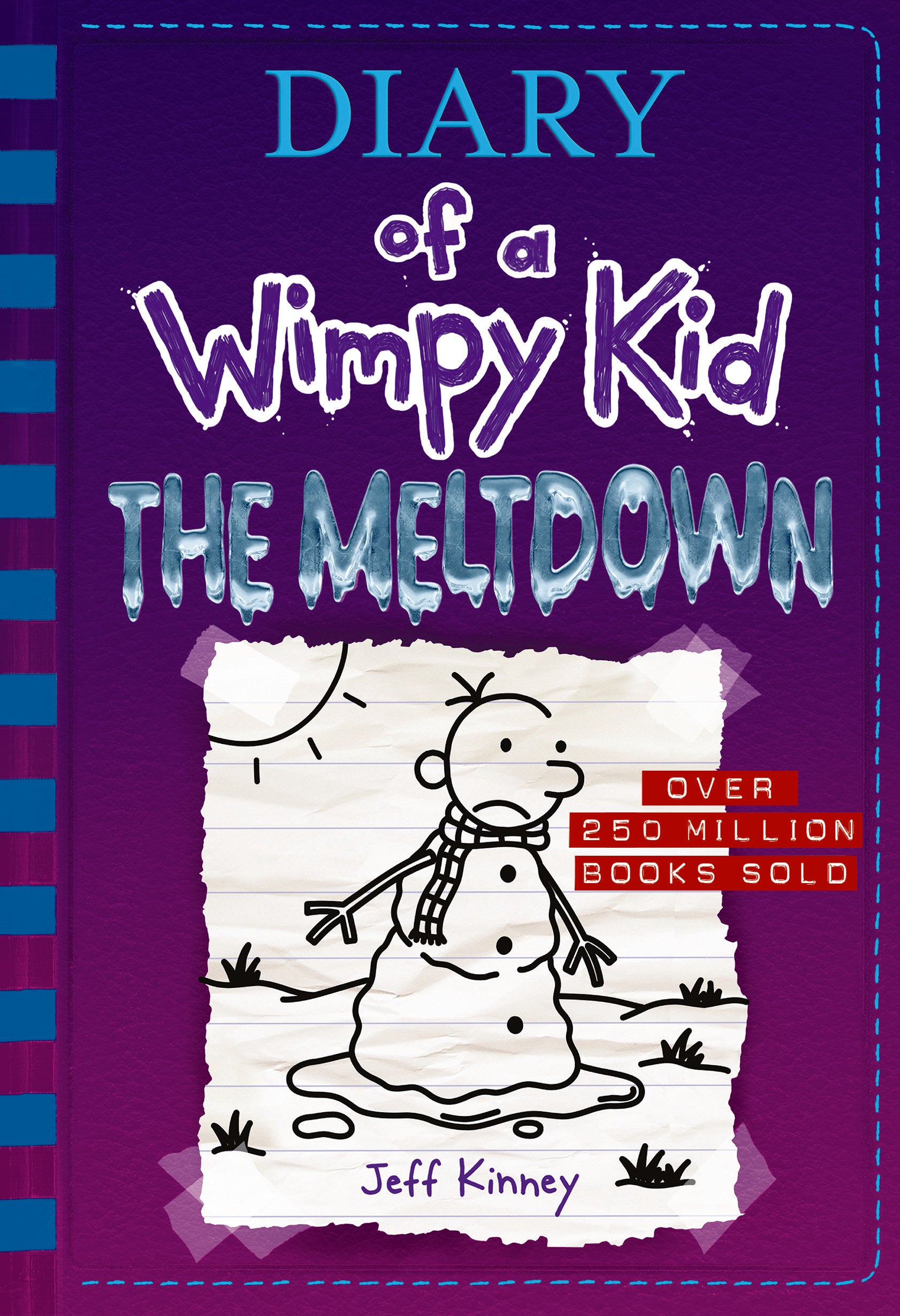 Diary of a Wimpy Kid: The Meltdown book cover featuring purple background, cyan and white title text, and stick-figure snowman illustration on lined paper