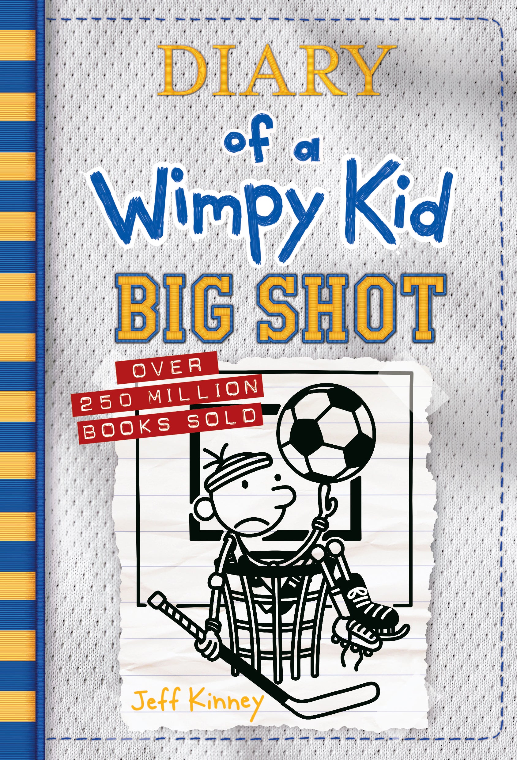 Diary of a Wimpy Kid: Big Shot book cover featuring a cartoon character juggling a soccer ball and hockey stick, with blue and yellow striped spine on left side