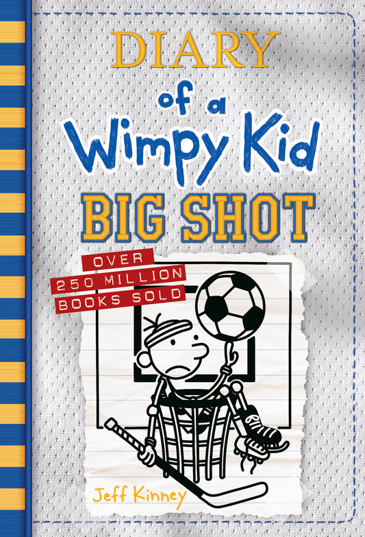 Diary of a Wimpy Kid: Big Shot book cover featuring a cartoon character juggling a soccer ball and hockey stick, with blue and yellow striped spine on left side