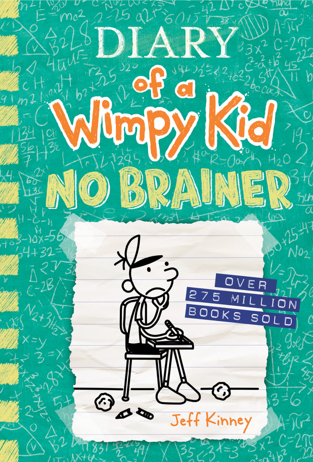 Diary of a Wimpy Kid: No Brainer book cover featuring a cartoon boy sitting at a desk writing, with math equations on a teal background and text reading 'Over 2