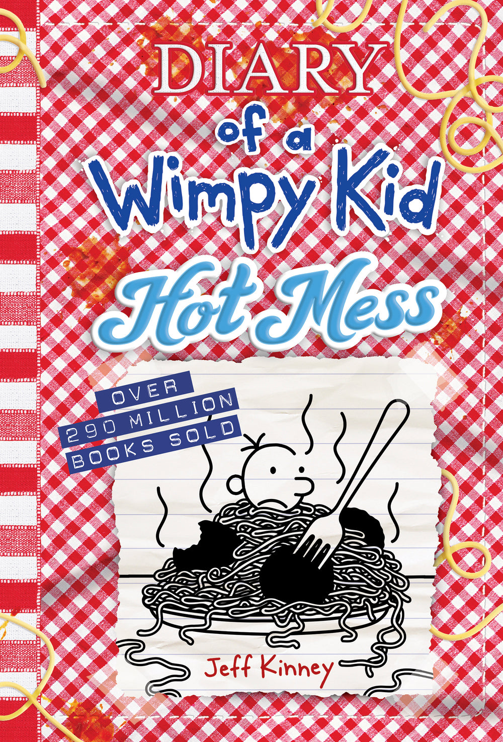 Diary of a Wimpy Kid: Hot Mess by Jeff Kinney book cover featuring red gingham background, title text, and cartoon character in bowl of noodles