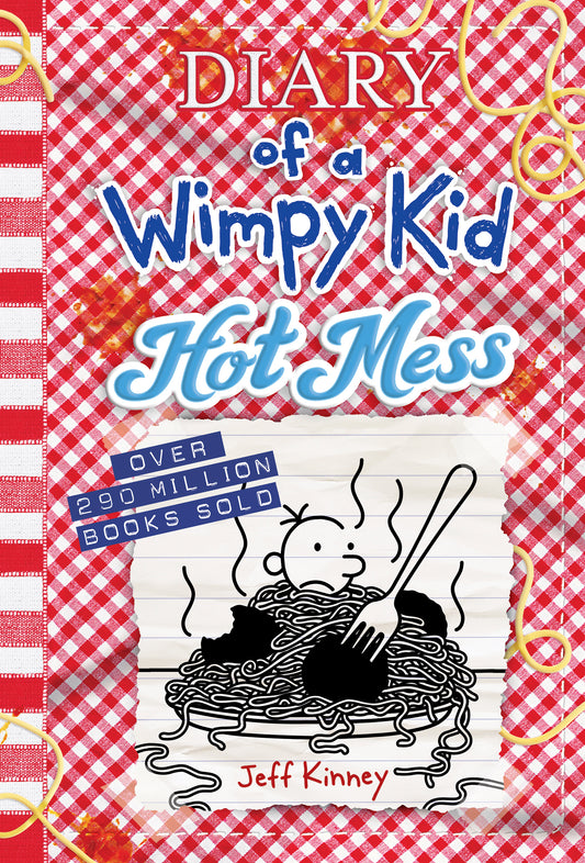 Diary of a Wimpy Kid: Hot Mess by Jeff Kinney book cover featuring red gingham background, title text, and cartoon character in bowl of noodles