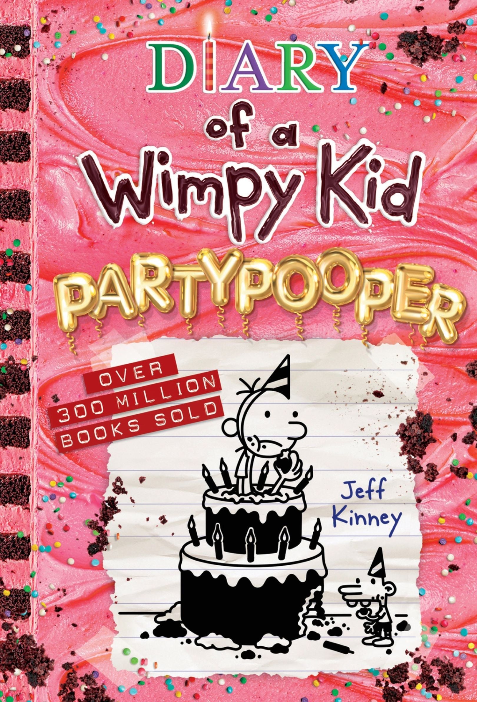 Diary of a Wimpy Kid: Partypooper book cover with pink frosting background, colorful sprinkles, gold balloon letters, cartoon character on birthday cake, and au