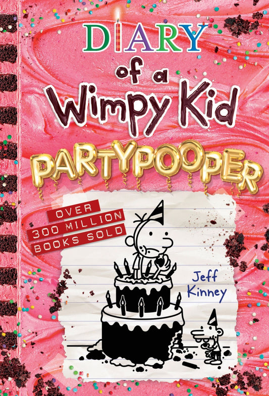 Diary of a Wimpy Kid: Partypooper book cover with pink frosting background, colorful sprinkles, gold balloon letters, cartoon character on birthday cake, and au