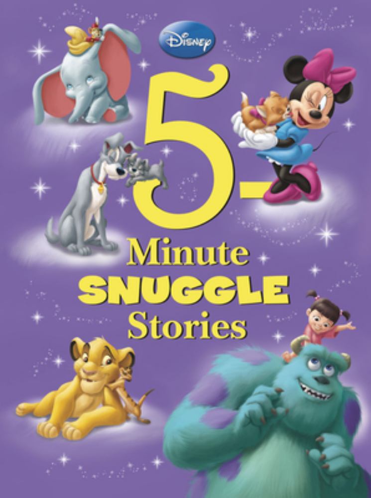 Disney 5-Minute Snuggle Stories book cover featuring a large yellow numeral 5, Disney characters including Dumbo, Minnie Mouse, Simba, a child, and Sulley on pu
