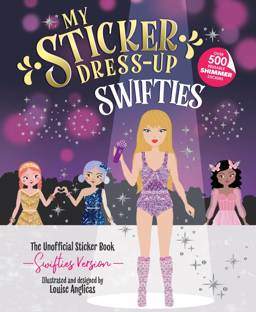 My Sticker Dress-Up Swifties book cover featuring illustrated girl in purple sequin outfit surrounded by four stylized figures in colorful dresses against purpl
