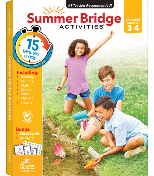 Summer Bridge Activities Grades 3-4 workbook with yellow cover, featuring children playing outdoors