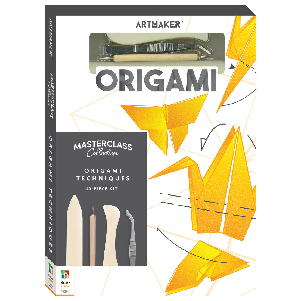 Artmaker Origami Masterclass Collection 40-piece kit box showing paper folding tools and yellow origami paper creations