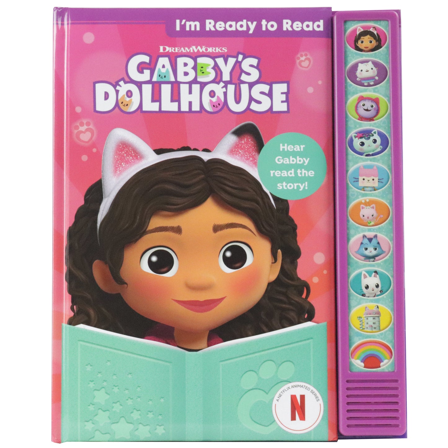 Gabby's Dollhouse 'I'm Ready to Read' interactive sound book with Gabby character and side panel of colorful character buttons