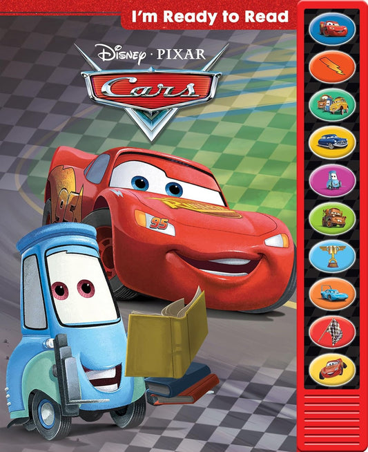 I'm Ready to Read Disney Pixar Cars sound book cover featuring Lightning McQueen and Mater with colorful character buttons on the right side