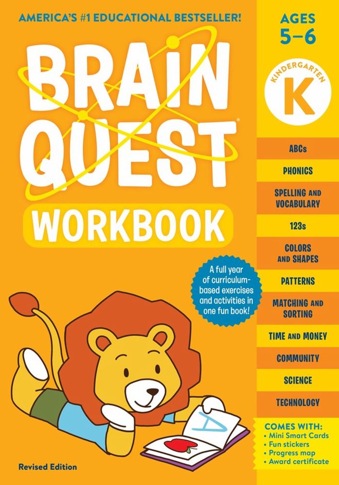 Brain Quest Kindergarten Workbook Revised Edition cover featuring a cartoon lion with a pencil and worksheet, ages 5-6, includes ABCs, phonics, spelling, number