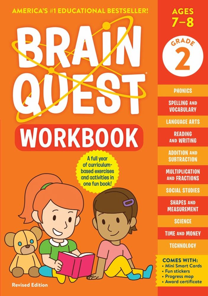Brain Quest Grade 2 Workbook cover featuring two illustrated children reading a pink book with a yellow puppy, orange and red background, includes phonics, spel