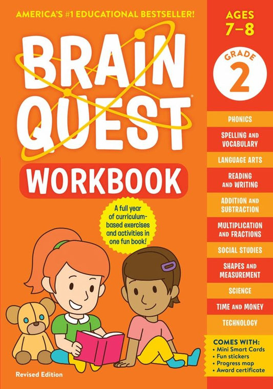 Brain Quest Grade 2 Workbook cover featuring two illustrated children reading a pink book with a yellow puppy, orange and red background, includes phonics, spel