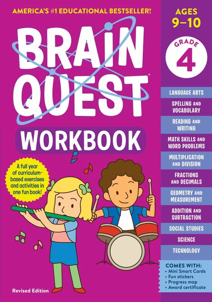 Brain Quest Grade 4 Workbook cover featuring two illustrated children playing music, magenta background with white title text, includes ages 9-10 and grade 4 de