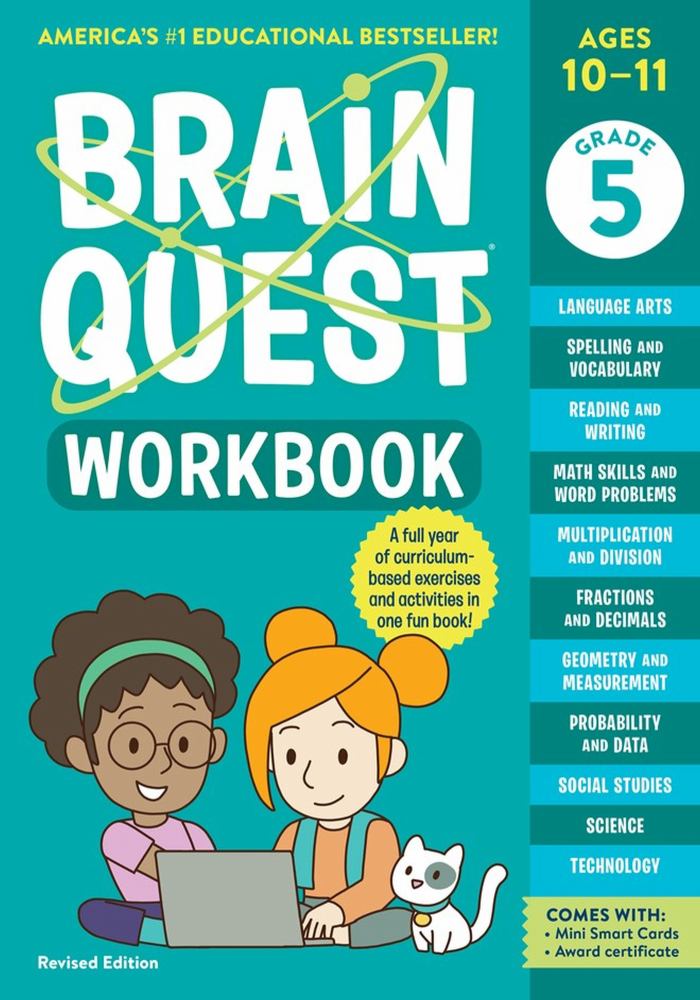 Brain Quest Grade 5 Workbook Revised Edition book cover featuring two children with a laptop and cat, turquoise background with yellow accents, ages 10-11
